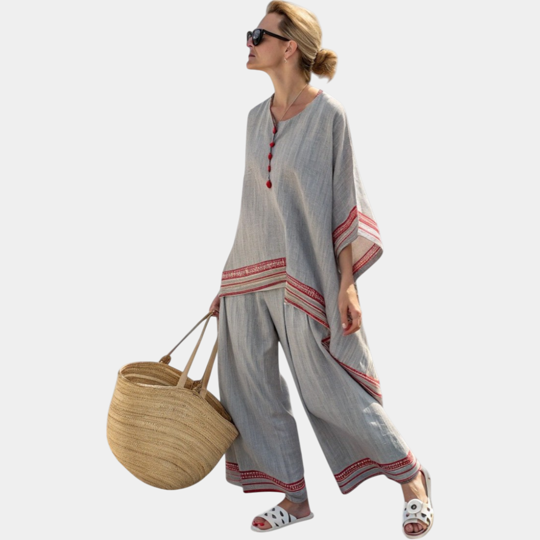 Rossella | Blouse Asymétrique Sophistiquée Et Pantalon Ethnique À Jambes Larges