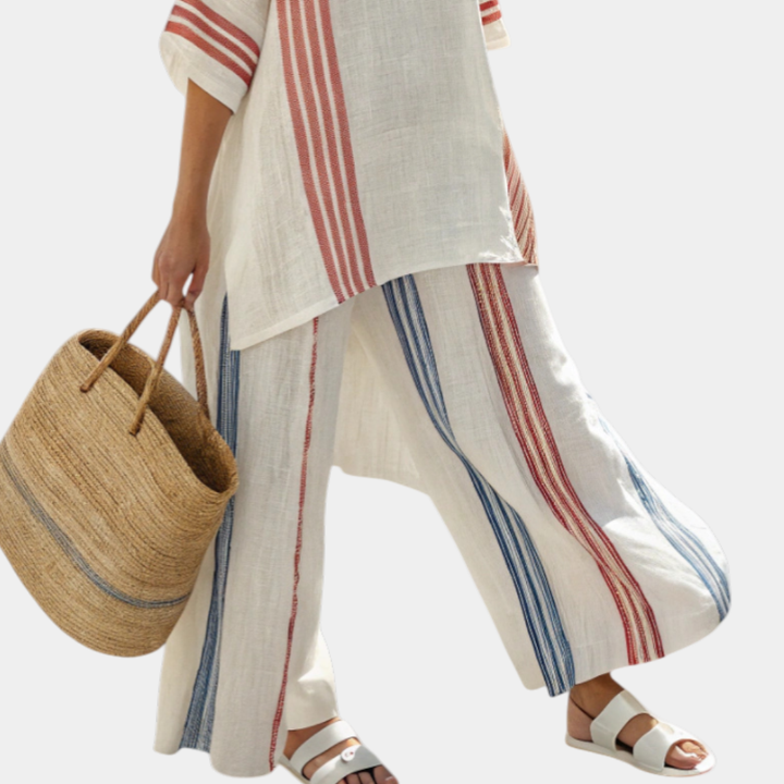 Béatrice | haut à rayures multicolores sophistiqué et pantalons méditerranéens