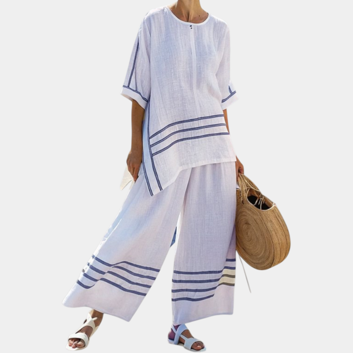 Vittorina | Haut asymétrique à rayures sophistiqué et pantalons audacieux