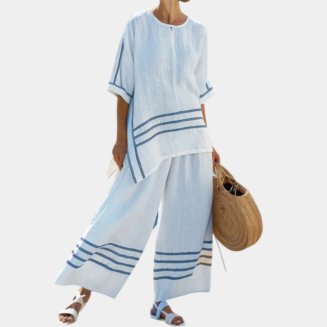 Vittorina | Haut asymétrique à rayures sophistiqué et pantalons audacieux