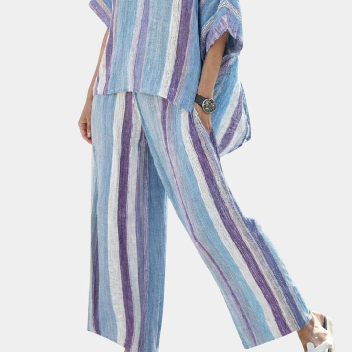 Yasmine | Haut élégant mauve pastel et pantalon à rayures