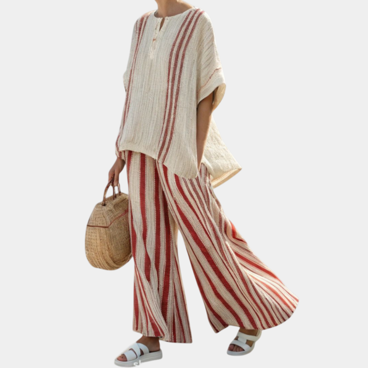 Mirella | Haut structuré rouge à rayures et pantalon