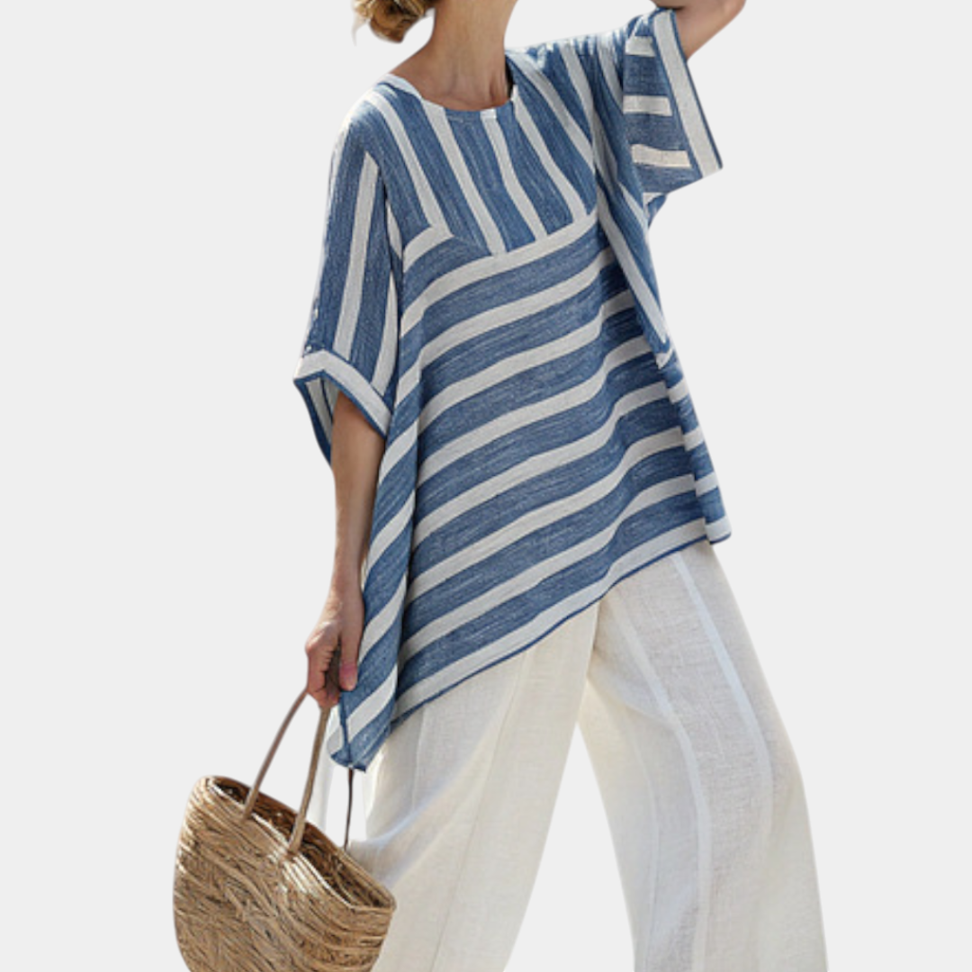 Ornela | Haut bleu sophistiqué à rayures et pantalon avec détails en bas