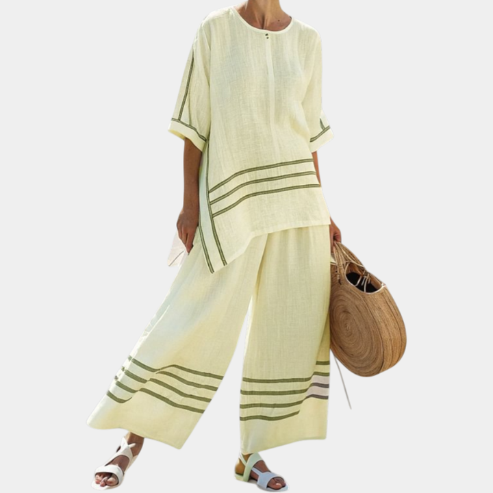 Vittorina | Haut asymétrique à rayures sophistiqué et pantalons audacieux