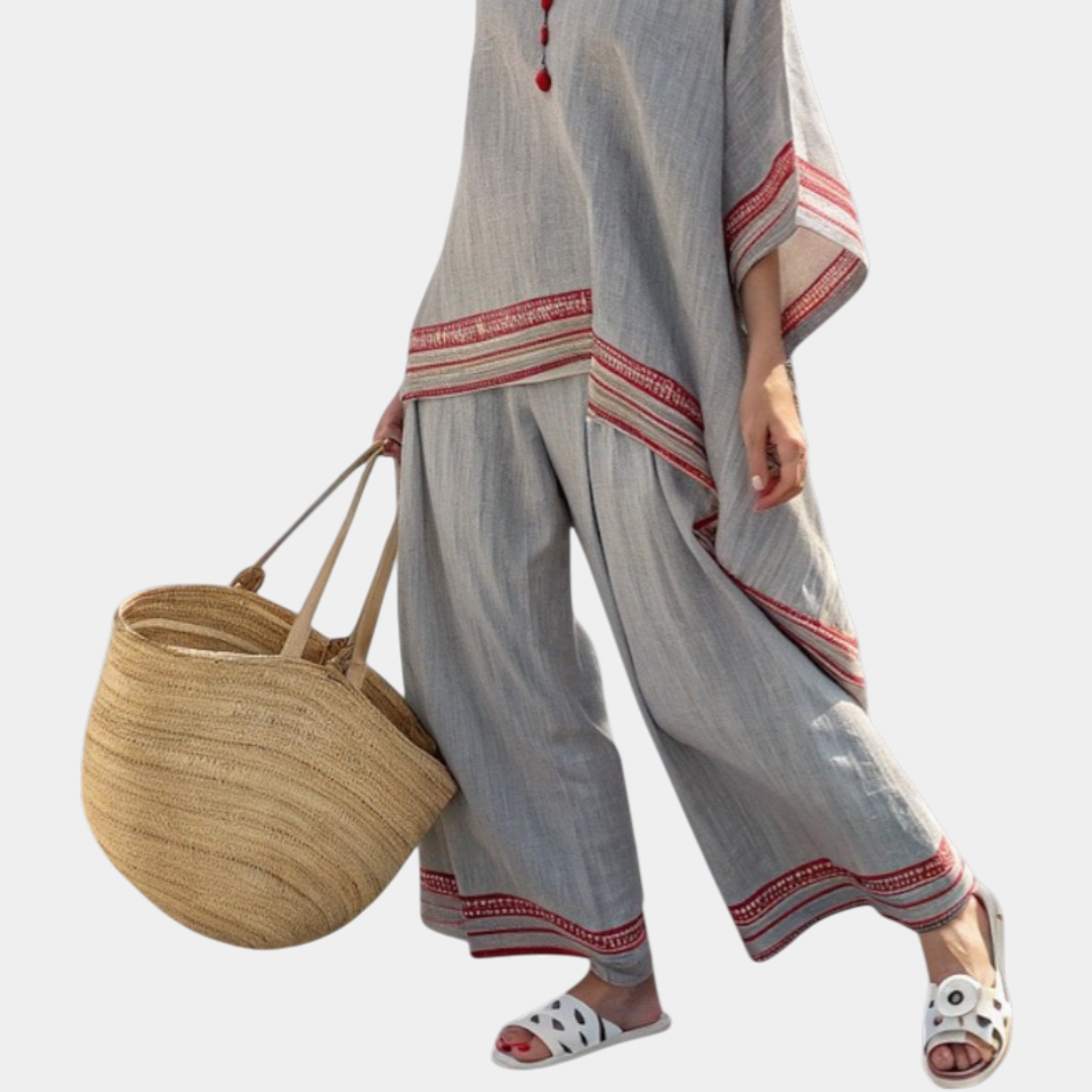 Rossella | Blouse Asymétrique Sophistiquée Et Pantalon Ethnique À Jambes Larges
