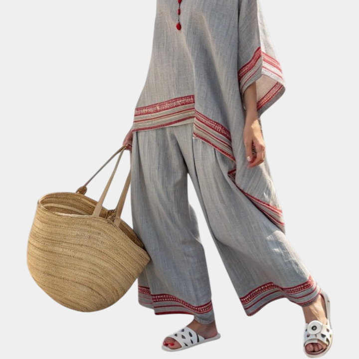 Rossella | Blouse Asymétrique Sophistiquée Et Pantalon Ethnique À Jambes Larges