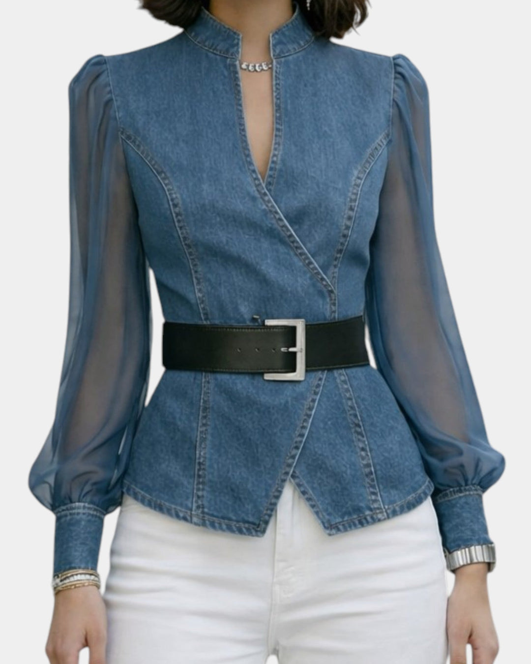 Alizée | Haut en denim avec des manches en chiffon léger