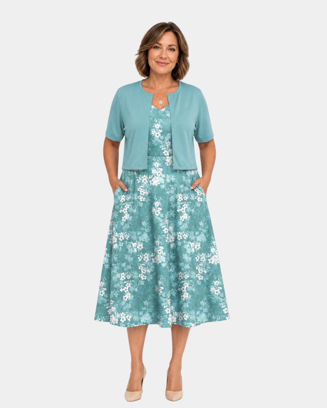 Guilaine | Ensemble robe fleurie et cardigan léger