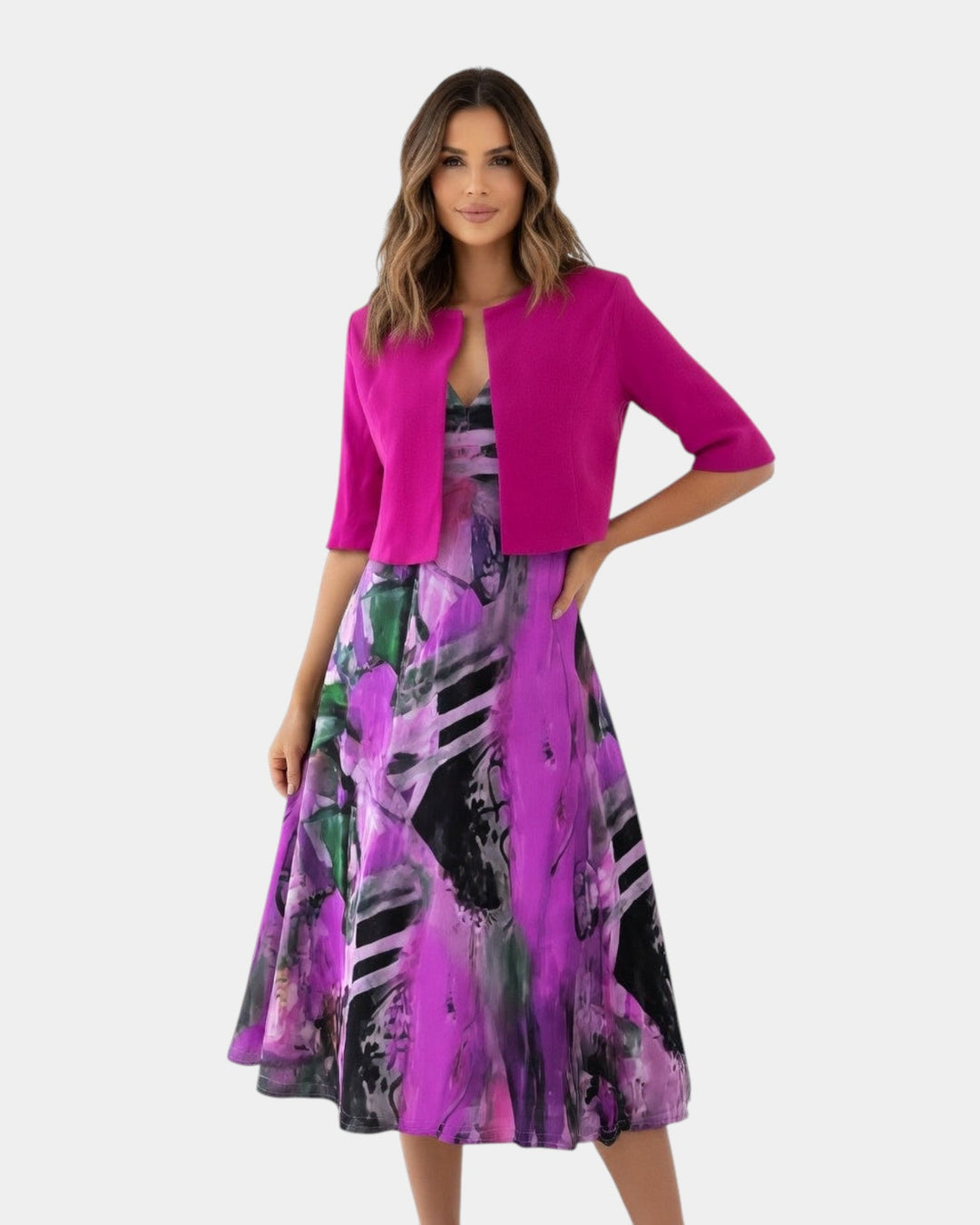 Stacy | Robe midi fluide imprimée avec veste assortie